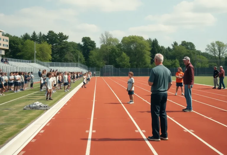 Track field with young athletes under a sunset sky