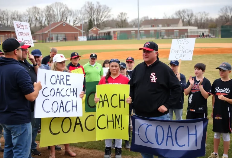 Community members rallying in support of the dismissed baseball coach