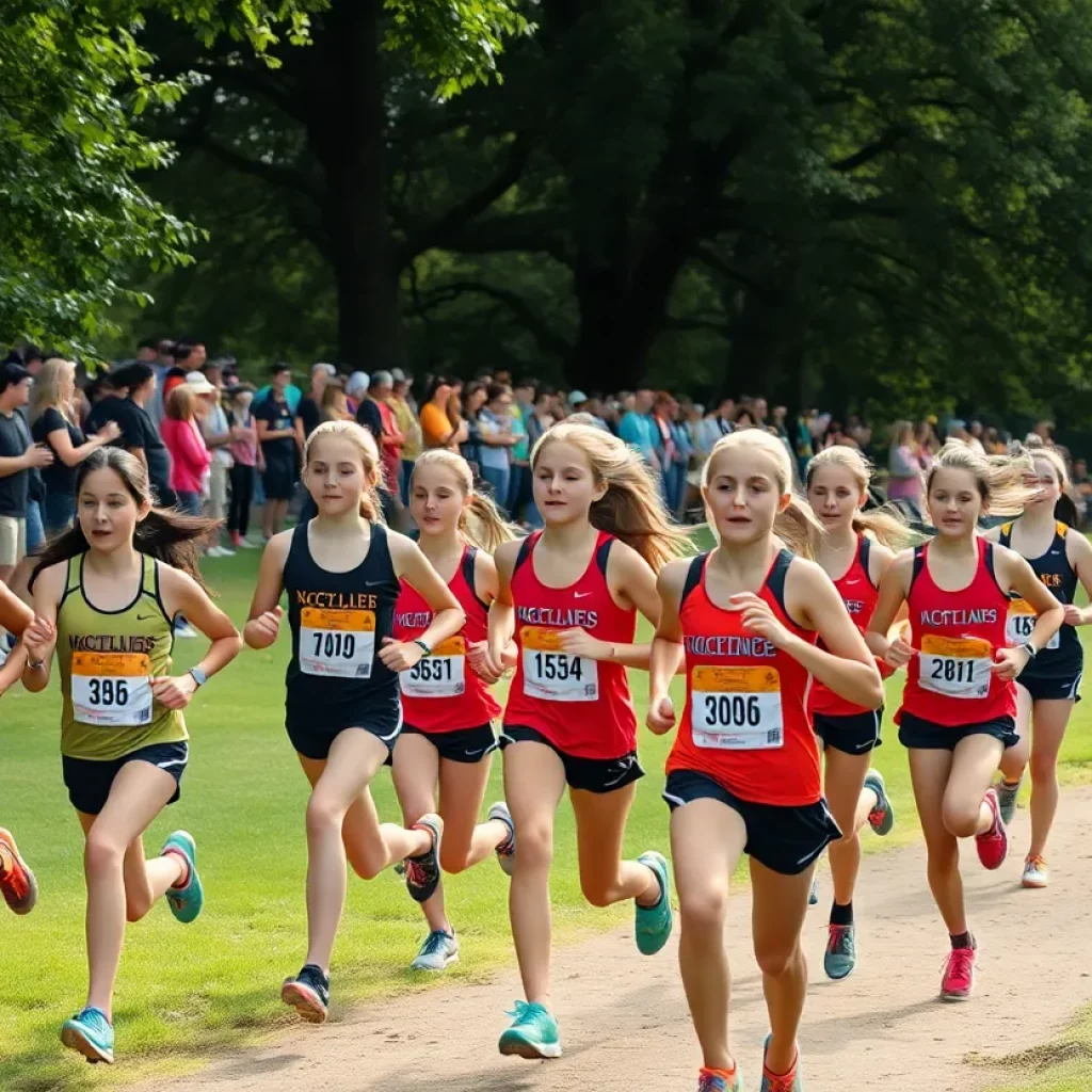 Girls cross country team running through a park with supporters cheering