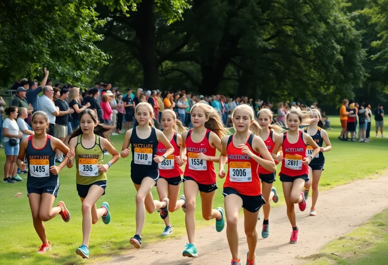 Girls cross country team running through a park with supporters cheering