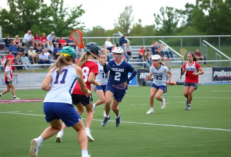Action shot of a high school lacrosse game at Georgetown Prep