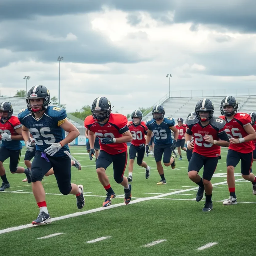 High school football players practicing on the field