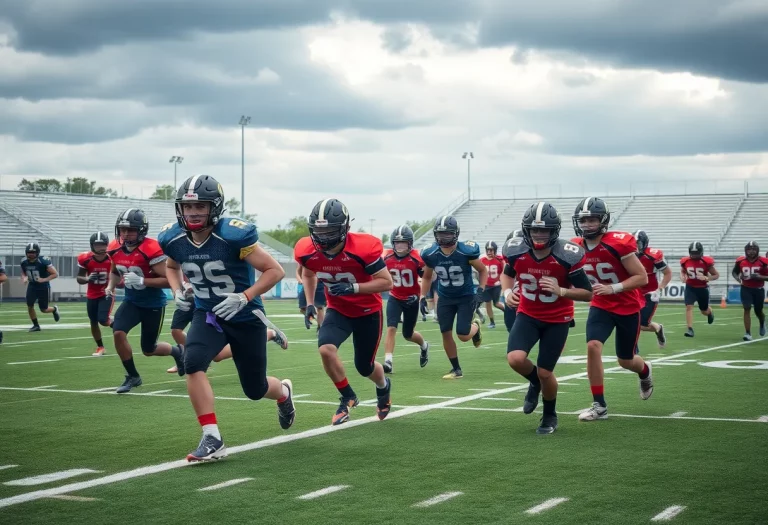 High school football players practicing on the field