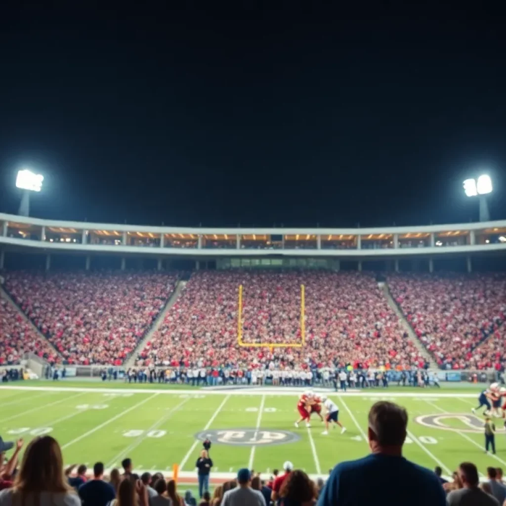 Friday night high school football game in Georgia with cheering fans