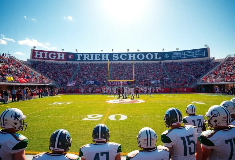 Fans cheering and players on the field during Georgia high school football season opening.