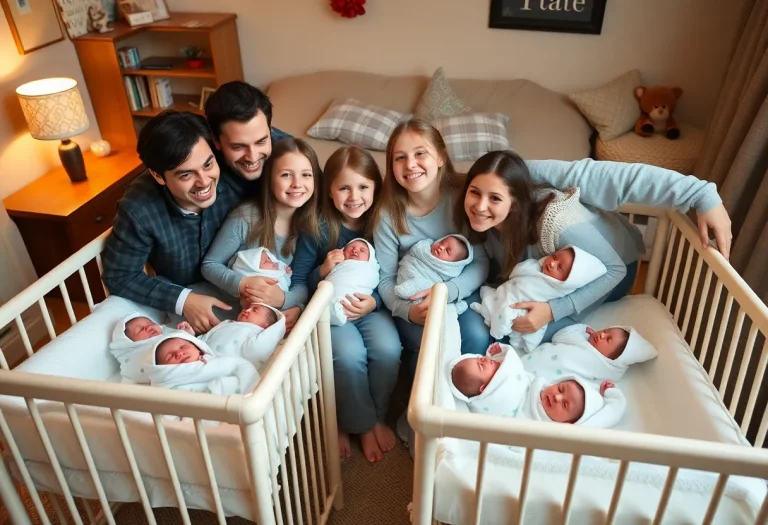 The Gidley family celebrating the birth of quadruplets in their home.