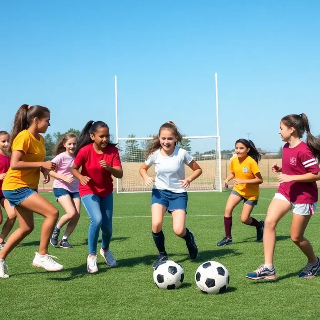 Teenage girls actively playing flag football on a sunny day