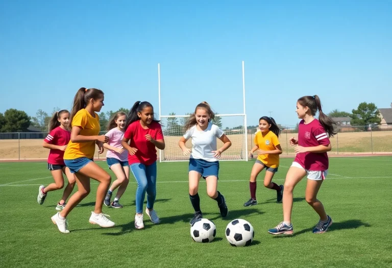 Teenage girls actively playing flag football on a sunny day