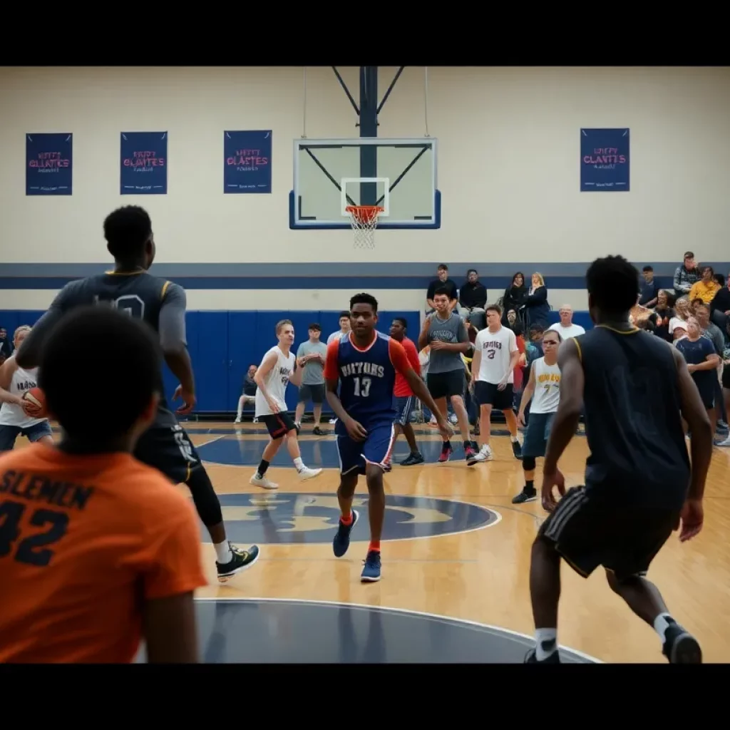 Community basketball game featuring players in action