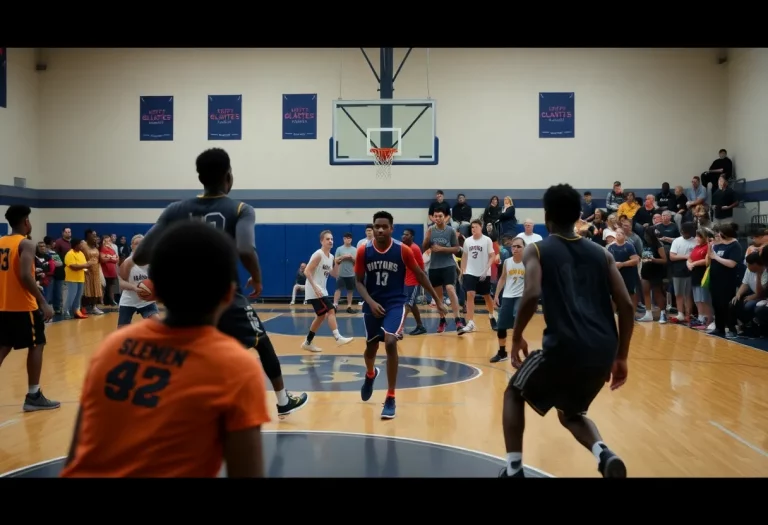 Community basketball game featuring players in action