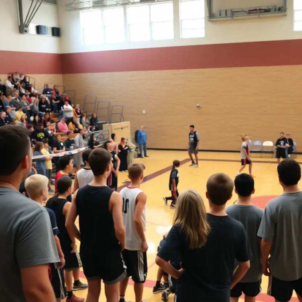 High school basketball team on court during a game