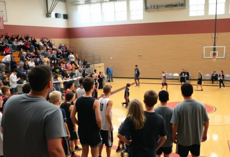 High school basketball team on court during a game