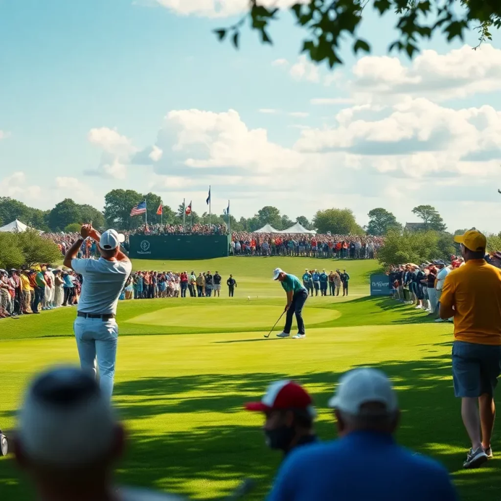 Action shot of golfers playing on a golf course during a tournament