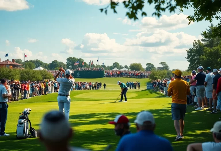 Action shot of golfers playing on a golf course during a tournament