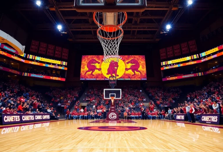 Basketball court with Gophers branding and enthusiastic fans