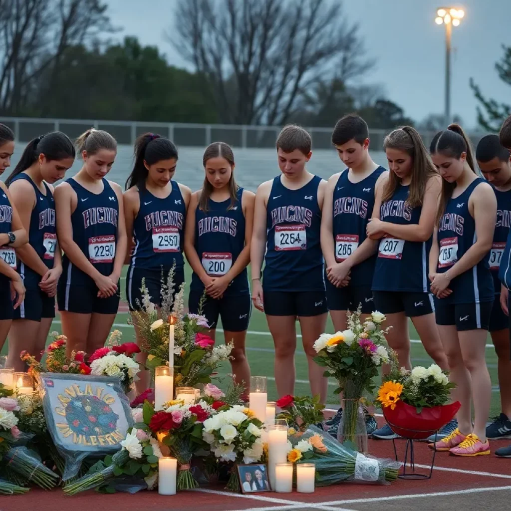Track team paying tribute to Naiesha Henry with flowers and candles.