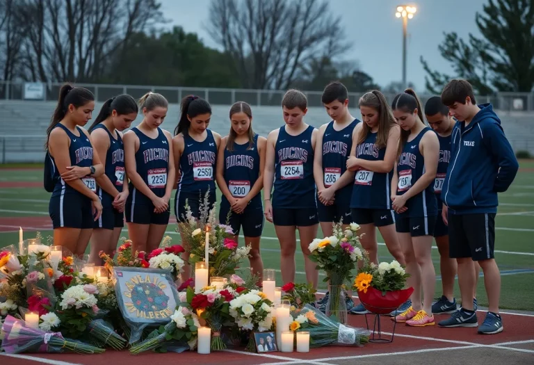 Track team paying tribute to Naiesha Henry with flowers and candles.