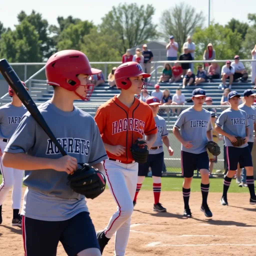 High school baseball team practicing on field