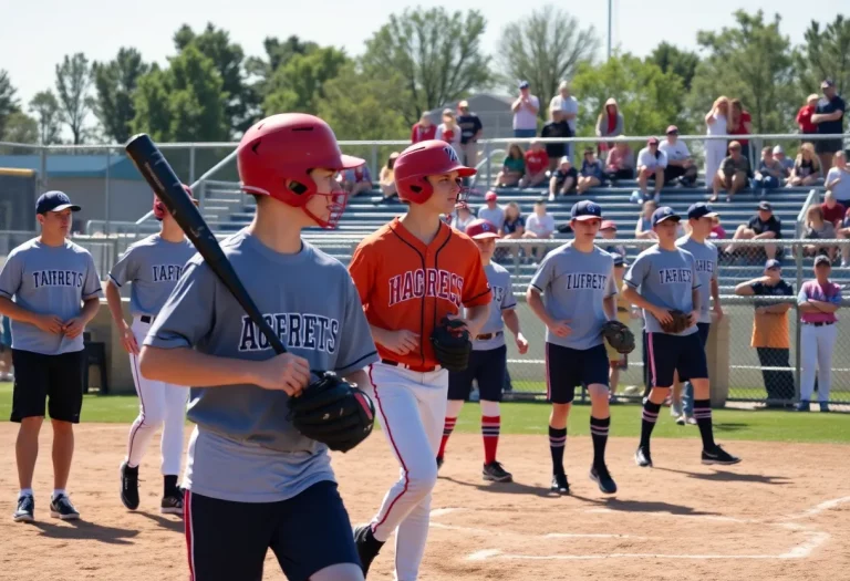 High school baseball team practicing on field