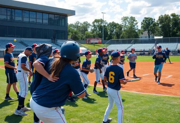 Young athletes training on a high school baseball field