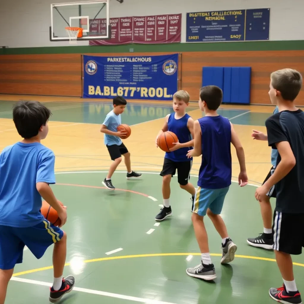 Green Tech Charter School basketball team practicing on the court.