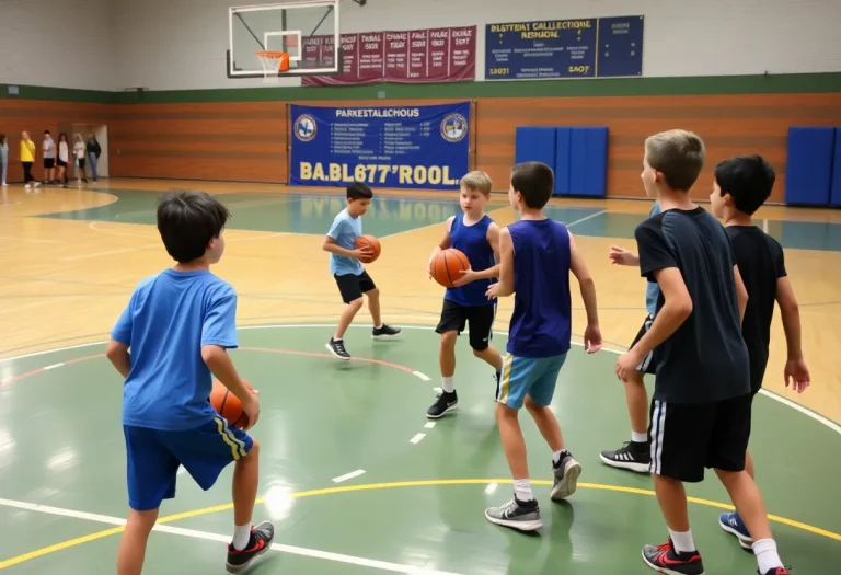 Green Tech Charter School basketball team practicing on the court.