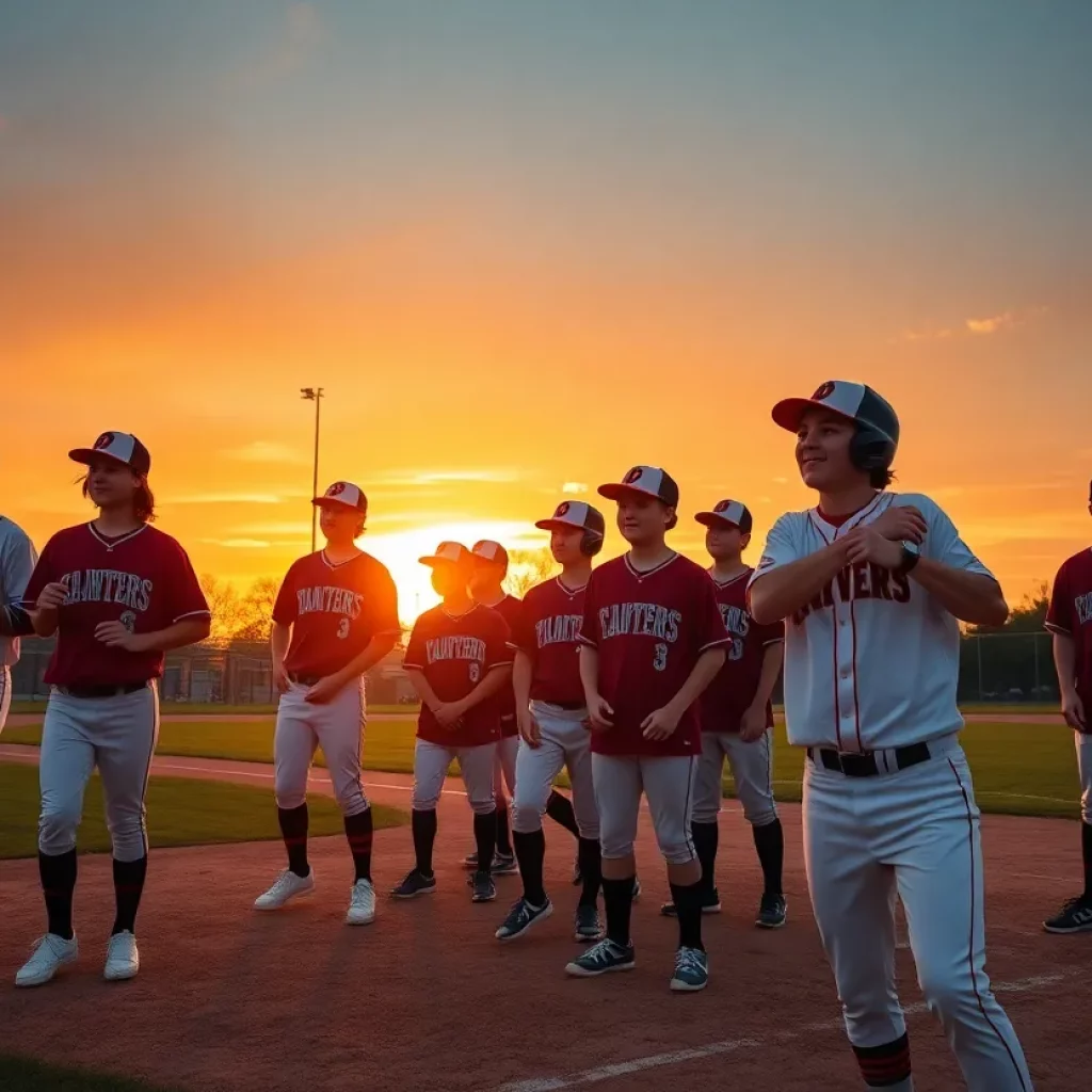 High school baseball team practicing at sunset