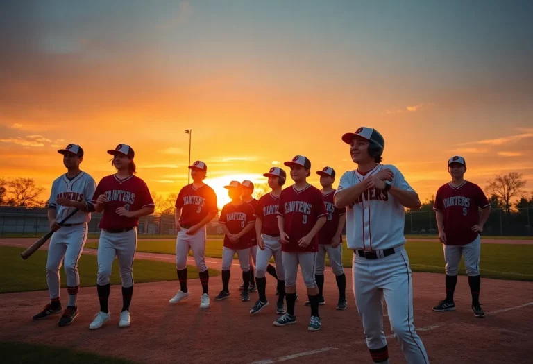 High school baseball team practicing at sunset