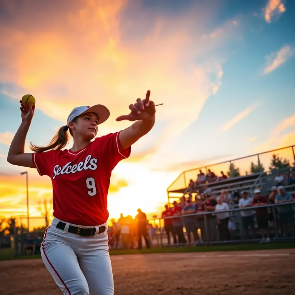 A high school softball athlete pitching during a game.