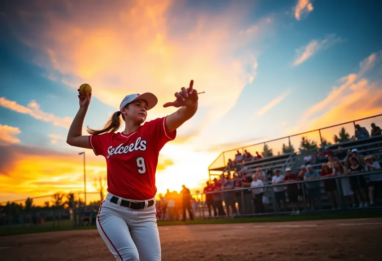 A high school softball athlete pitching during a game.