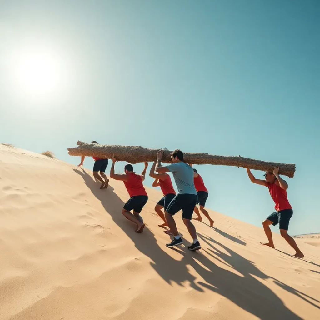 Gull Lake High School cross country team climbing Sleeping Bear Dunes carrying a tree trunk.