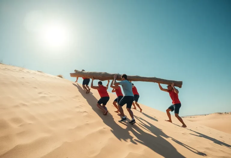 Gull Lake High School cross country team climbing Sleeping Bear Dunes carrying a tree trunk.