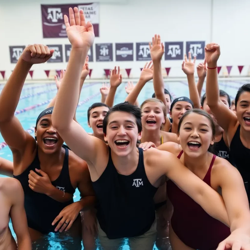 Young swimmers celebrating their college commitment at Texas A&M
