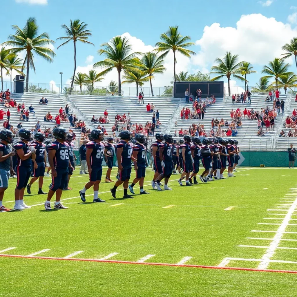 High school football teams training on a Hawaiian field