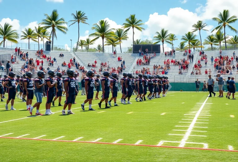 High school football teams training on a Hawaiian field