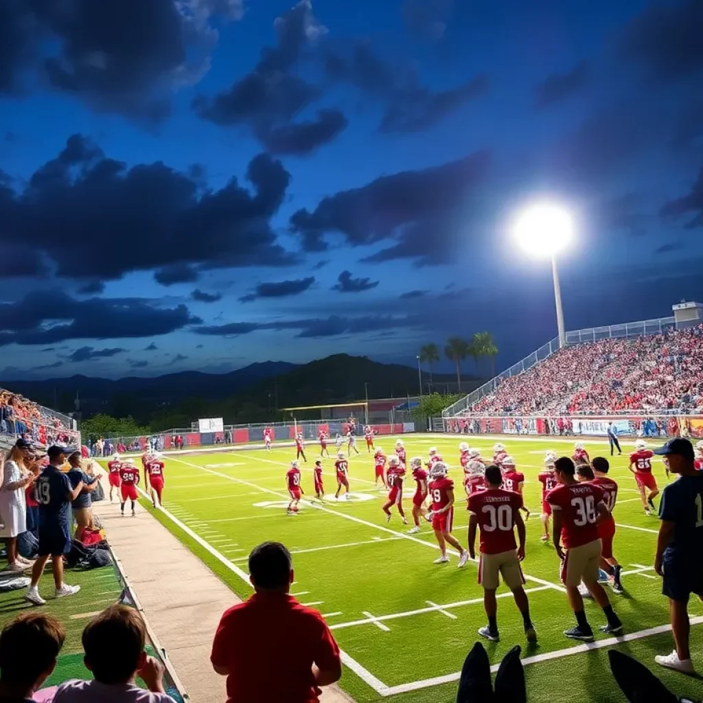 Players competing in a high school football game in Hawaii under stadium lights.