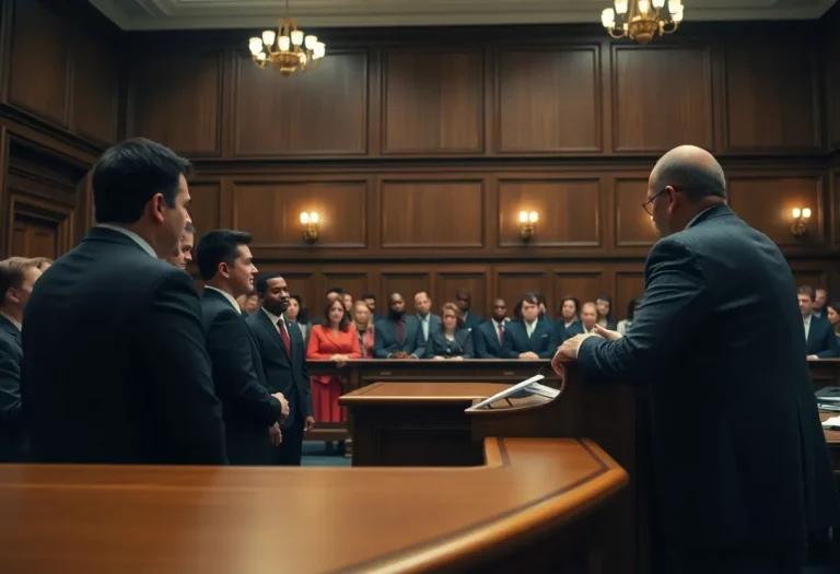 Courtroom scene with jury delivering a verdict