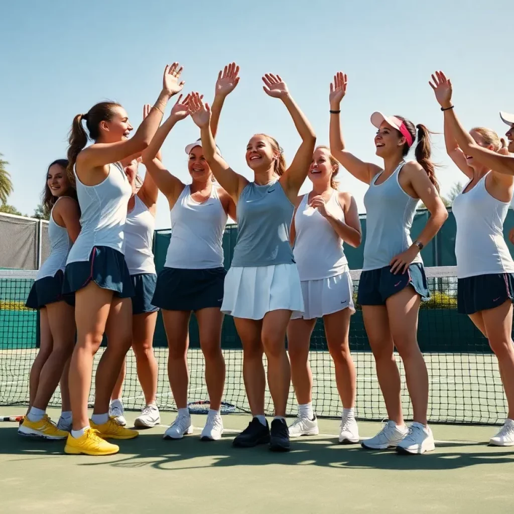 Hempfield ladies tennis team celebrating their victory on the court