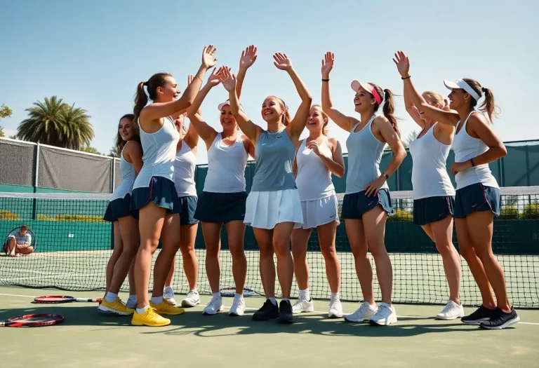 Hempfield ladies tennis team celebrating their victory on the court