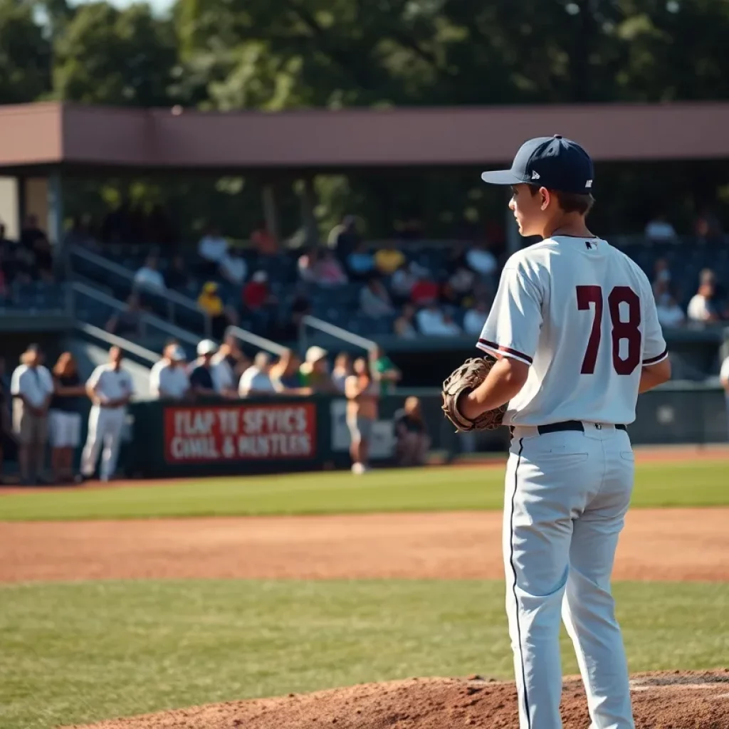 A young pitcher warming up at a baseball game.