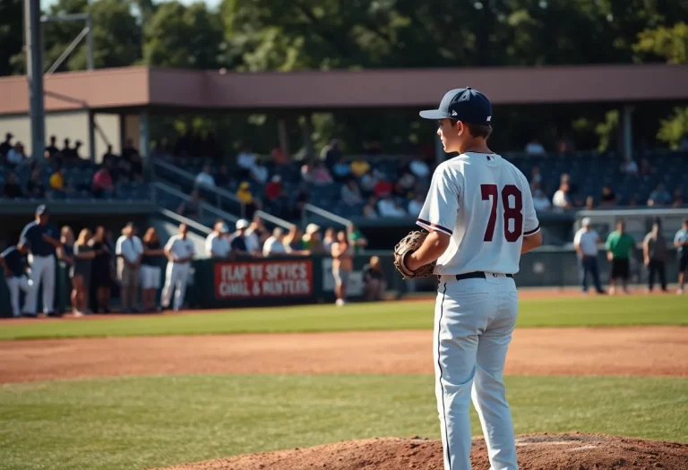 A young pitcher warming up at a baseball game.