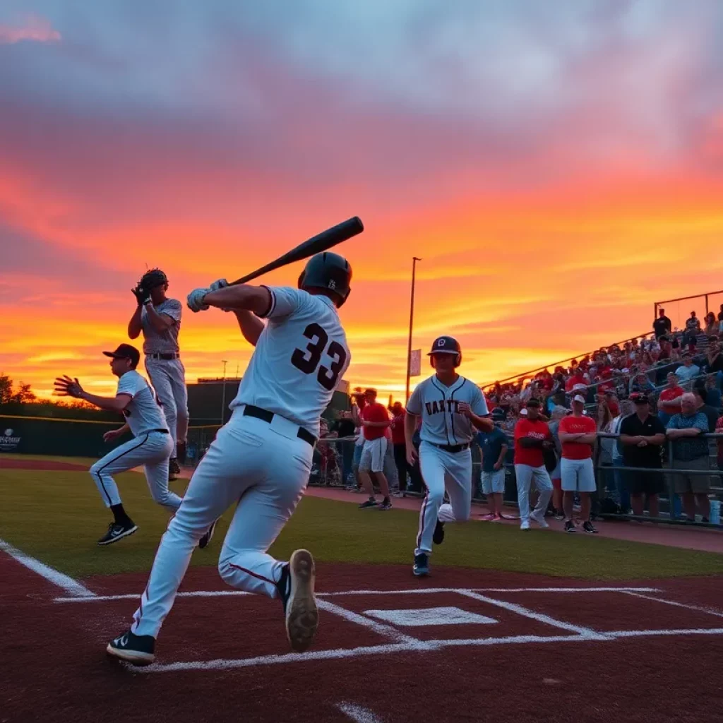Action shot of a high school baseball game.