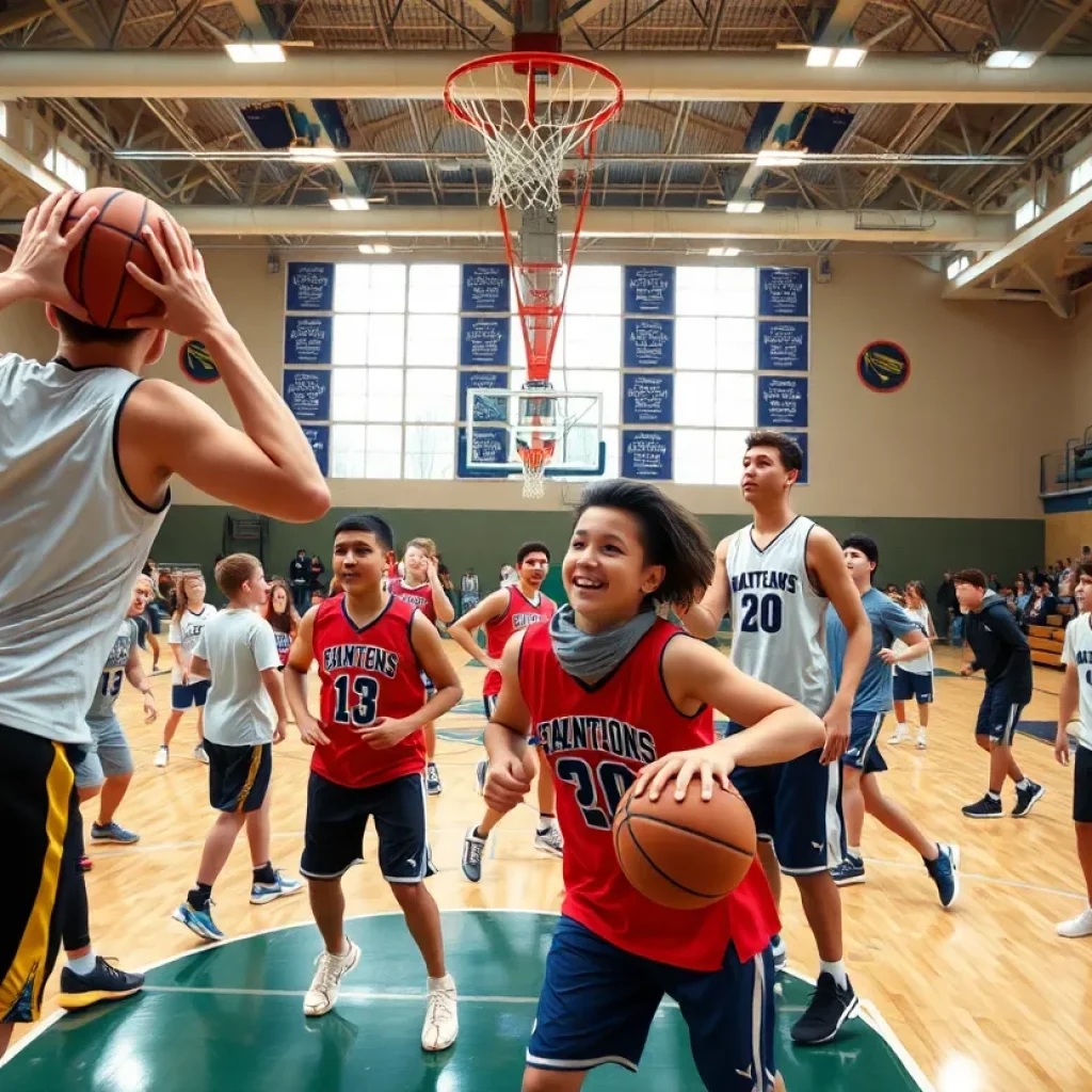 High school basketball players in action on the court
