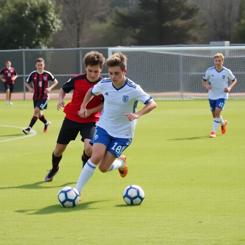 Exciting high school boys soccer game in action.
