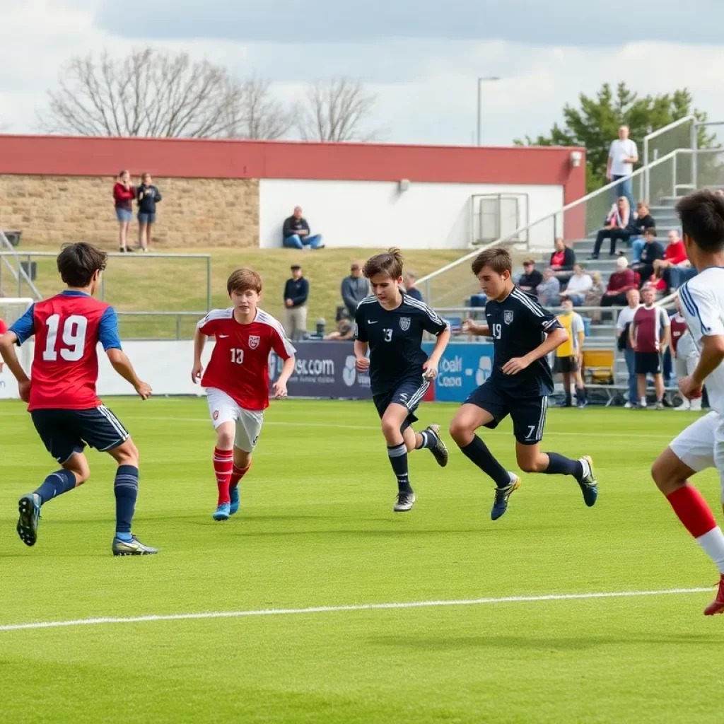 High school boys soccer players on the field in Fayetteville