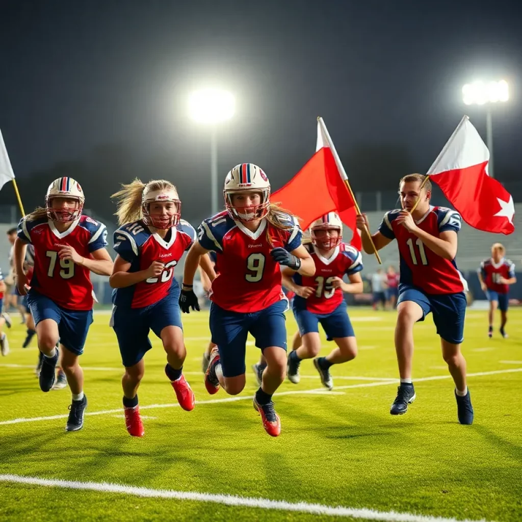 High school flag football players competing on a field.