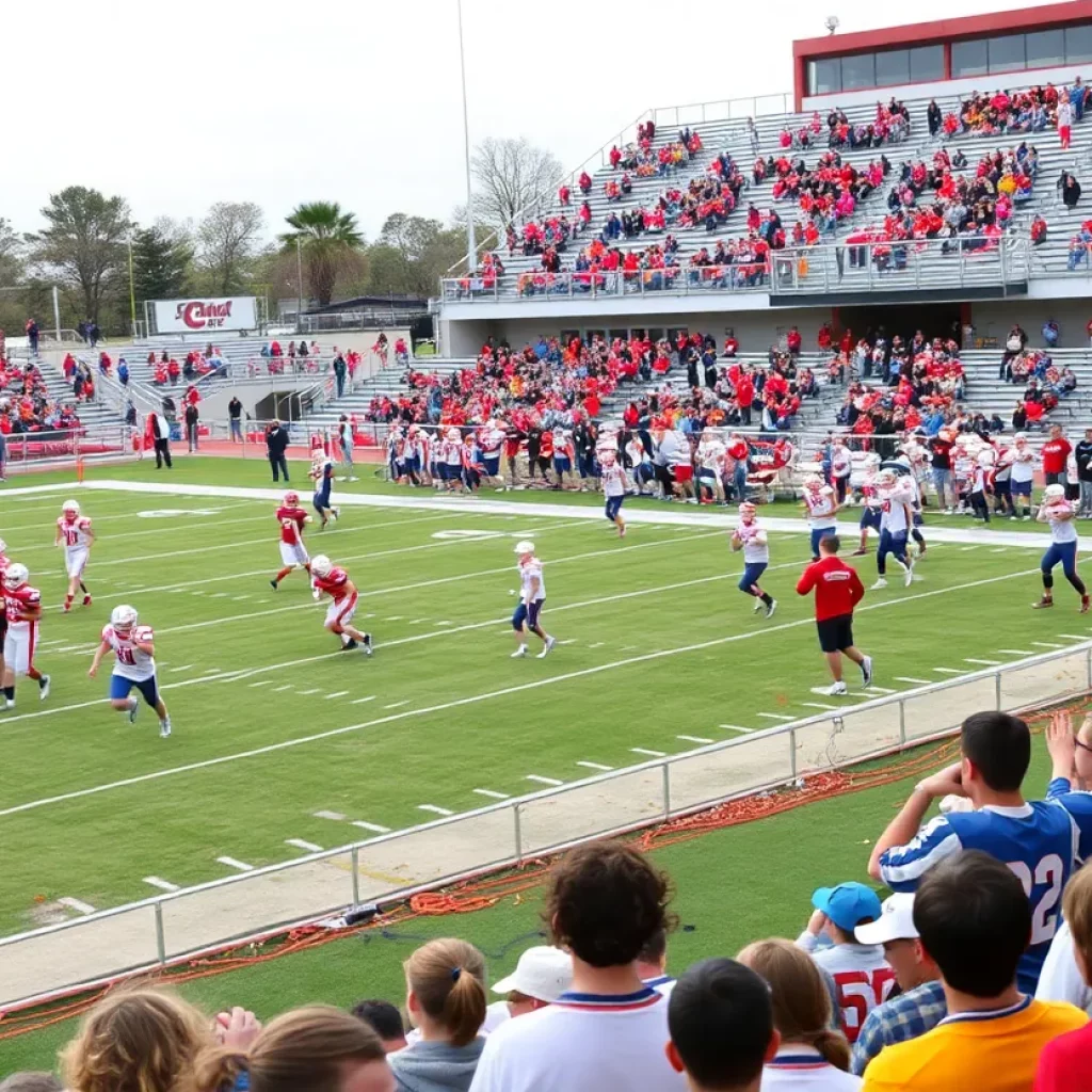 High school football players competing in a game