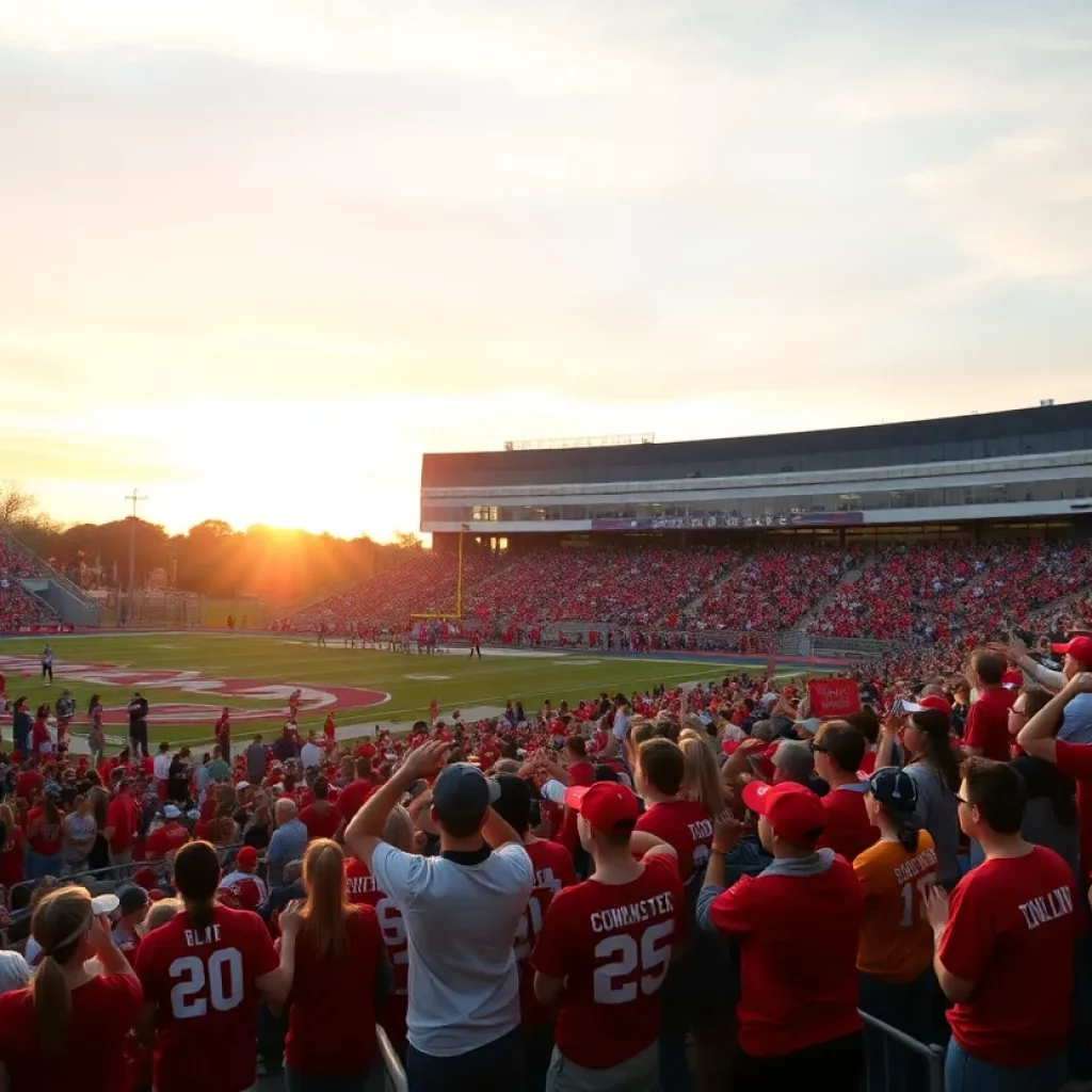 Excited fans at a high school football game under a sunset sky