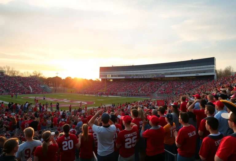 Excited fans at a high school football game under a sunset sky