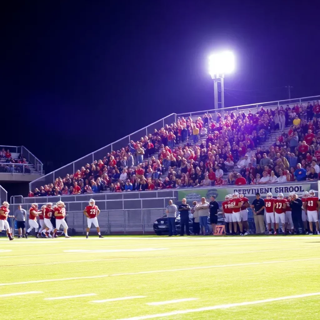 Exciting high school football match with players and cheering fans.